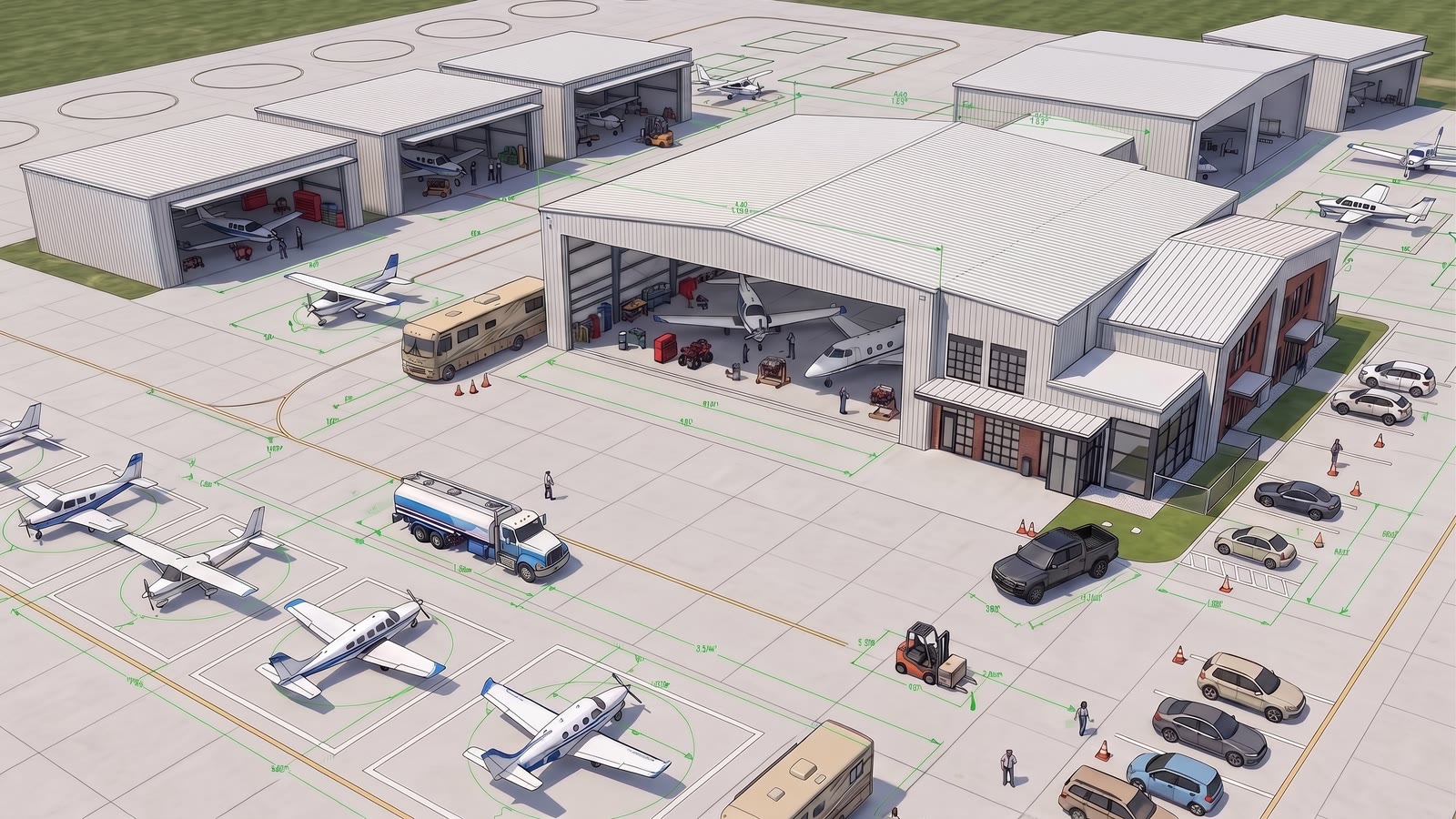 A row of open hangars along a ramp with aircraft, a fuel truck, and dimension annotations