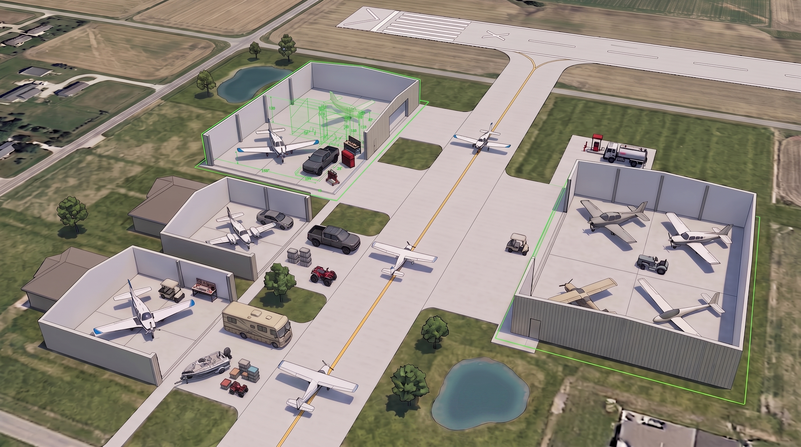An aerial illustration of a multi-hangar complex with aircraft, vehicles, and clearance outlines