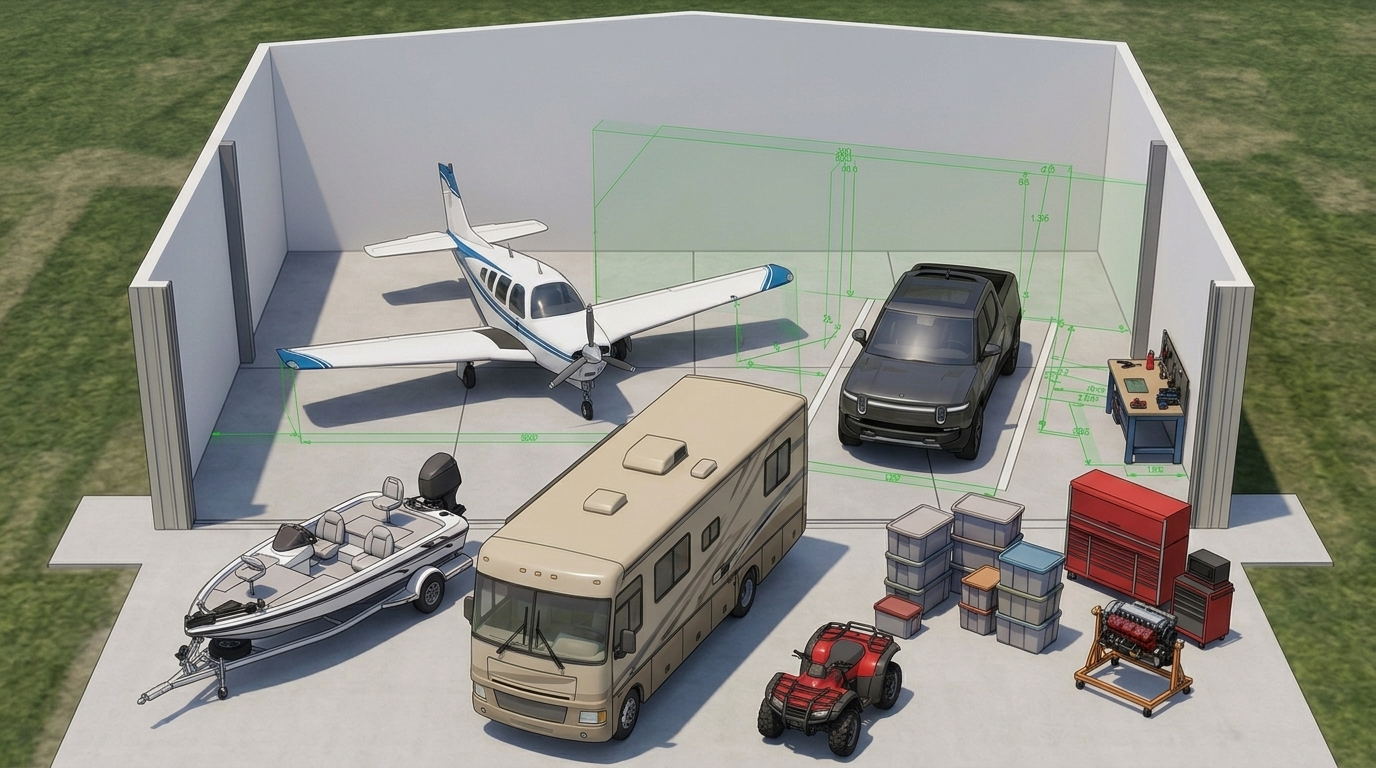 A private aircraft bay with a truck and workbench